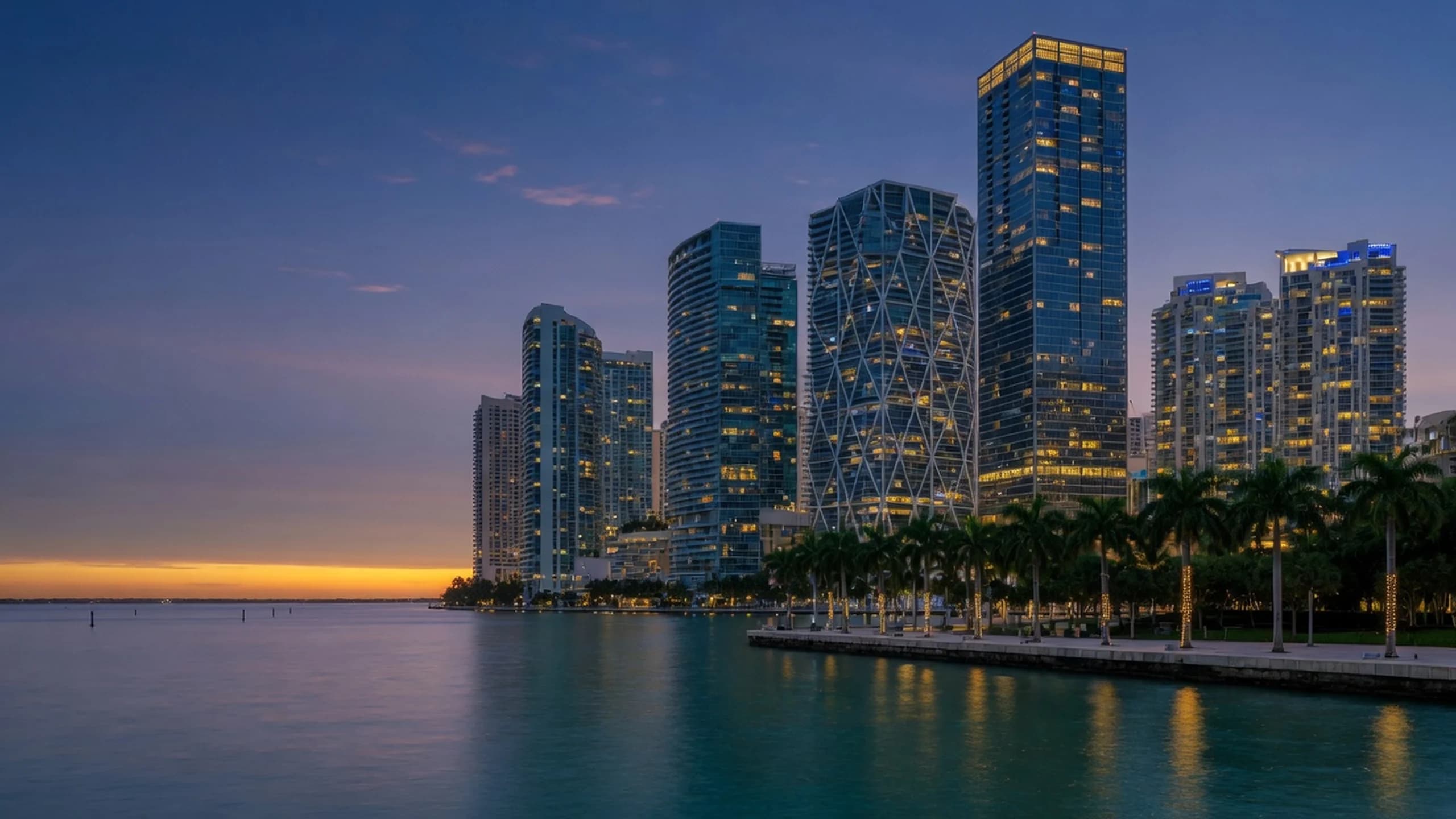 Brickell skyline at dusk along Biscayne Bay